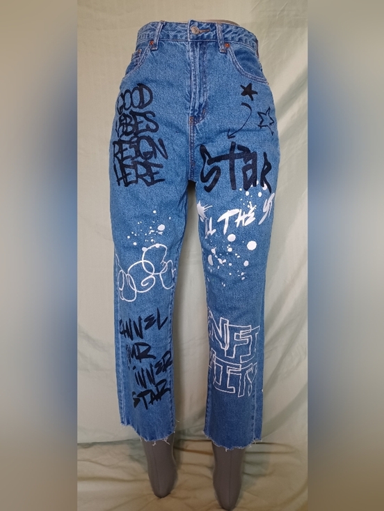 Song Denim - S.o.n.g. Painted Splattered Graffiti Jogger Blue Boyfriend Jeans Raw Hem Ankles